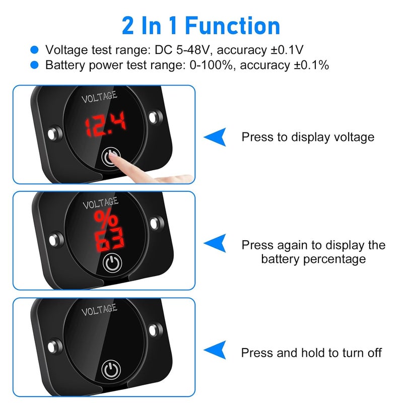 Linkstyle Battery Voltage Gauge, DC Volt Meter 12 Volt 24 Volt, LED Digital Display Voltage Meter, Waterproof Voltmeter with Touch Switch for Car RV Motorcycle Boat Golf Cart - Image 2